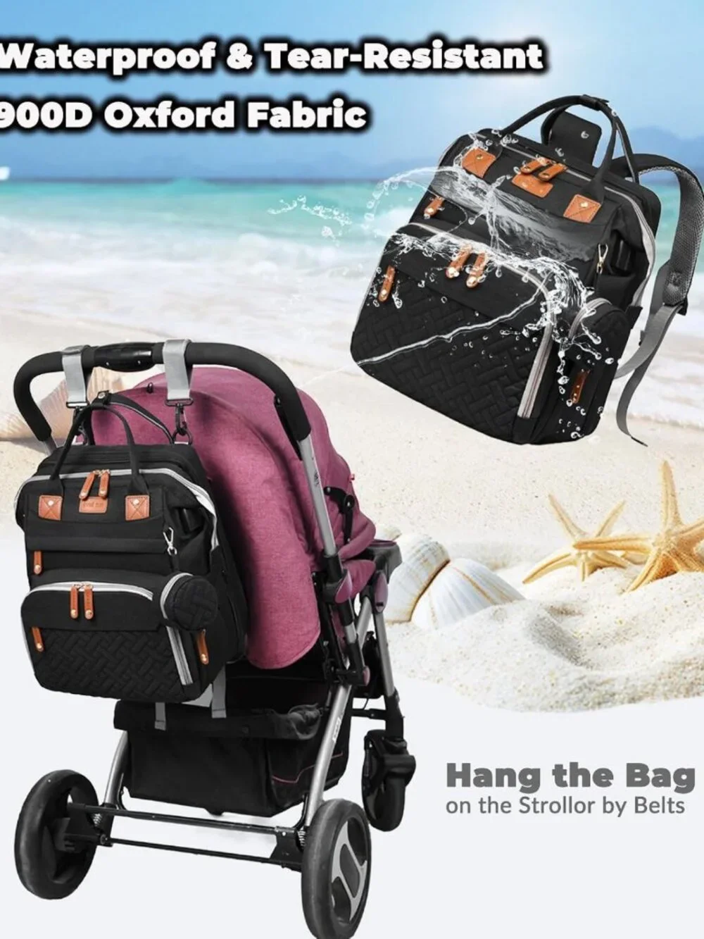Stylish Waterproof Diaper Bag Backpack with Changing Station & USB Port, Large